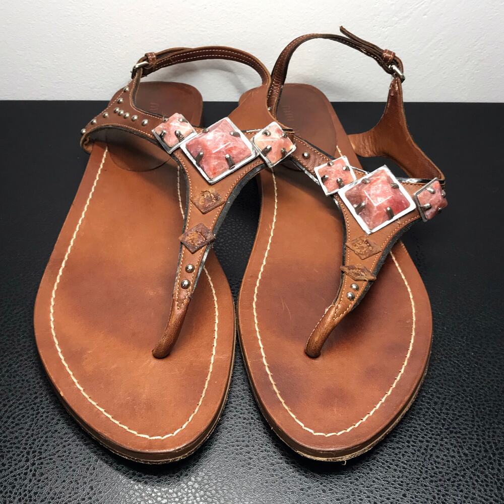 Miu Miu SZ 41 Brown Leather Thong Gladiator Sandals Pink Silver Pyramid Studs - Picture 8 of 13
